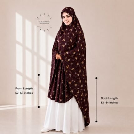 Woman wearing a soft swiss lawn Namaz chadar without sleeves also known as Makhna Hijab, Namaz Makhna or Namaz Scarf with front coverage reaching the knees and back extending below the knees. BY CLOTHIFYDOTPK