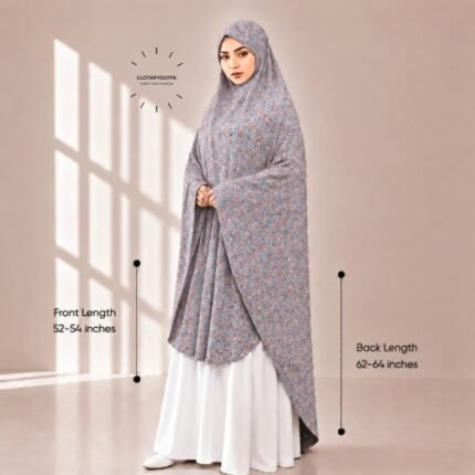 Woman wearing a soft swiss lawn Namaz Makhna without sleeves also known as Makhna Hijab or Namaz Scarf with front coverage reaching the knees and back extending below the knees. BY CLOTHIFYDOTPK