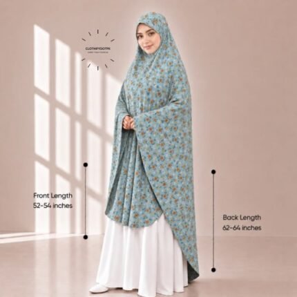 Woman wearing a soft swiss lawn Namaz Makhna without sleeves also known as Makhna Hijab or Namaz Scarf with front coverage reaching the knees and back extending below the knees. BY CLOTHIFYDOTPK