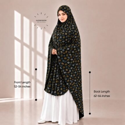 Woman wearing a soft swiss lawn Namaz Makhna without sleeves also known as Makhna Hijab or Namaz Scarf with front coverage reaching the knees and back extending below the knees. BY CLOTHIFYDOTPK