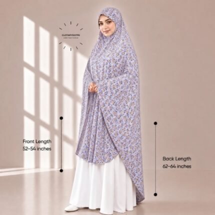 Woman wearing a soft swiss lawn Namaz Makhna without sleeves also known as Makhna Hijab or Namaz Scarf with front coverage reaching the knees and back extending below the knees. BY CLOTHIFYDOTPK