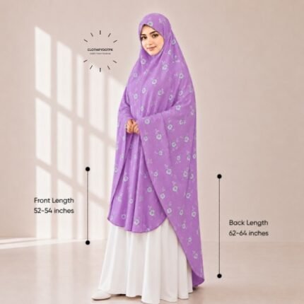 Woman wearing a soft swiss lawn Namaz chadar without sleeves also known as Makhna Hijab, Namaz Makhna or Namaz Scarf with front coverage reaching the knees and back extending below the knees. BY CLOTHIFYDOTPK