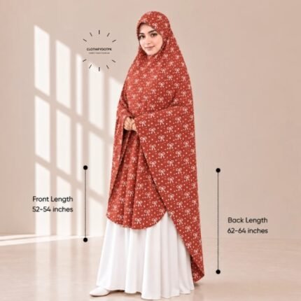 Woman wearing a soft swiss lawn Namaz chadar without sleeves also known as Makhna Hijab, Namaz Makhna or Namaz Scarf with front coverage reaching the knees and back extending below the knees. BY CLOTHIFYDOTPK