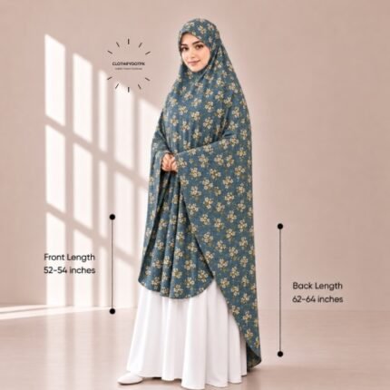 Woman wearing a soft swiss lawn Namaz chadar without sleeves also known as Makhna Hijab, Namaz Makhna or Namaz Scarf with front coverage reaching the knees and back extending below the knees. BY CLOTHIFYDOTPK