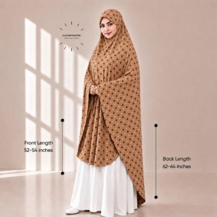 Woman wearing a soft swiss lawn Namaz Makhna without sleeves also known as Makhna Hijab or Namaz Scarf with front coverage reaching the knees and back extending below the knees. BY CLOTHIFYDOTPK