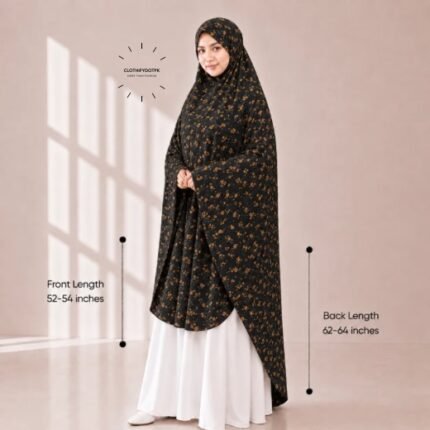 Woman wearing a soft swiss lawn Namaz chadar without sleeves with front coverage reaching the knees and back extending below the knees. BY CLOTHIFYDOTPK