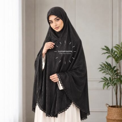 Woman wearing a soft Premium self print Jacquard lawn Lace Namaz Makhna without sleeves also known as Makhna Hijab or Namaz Scarf with front coverage reaching above the knees and back extending till knees. BY CLOTHIFYDOTPK