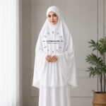 Woman wearing a soft Premium arabic lawn Lace Namaz Makhna without sleeves also known as Makhna Hijab or Namaz Scarf with front coverage reaching above the knees and back extending till knees. BY CLOTHIFYDOTPK