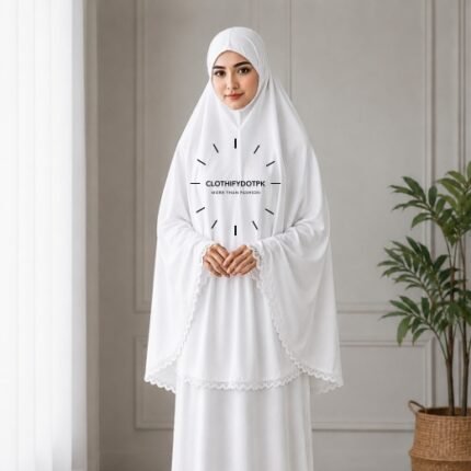 Woman wearing a soft Premium arabic lawn Lace Namaz Makhna without sleeves also known as Makhna Hijab or Namaz Scarf with front coverage reaching above the knees and back extending till knees. BY CLOTHIFYDOTPK