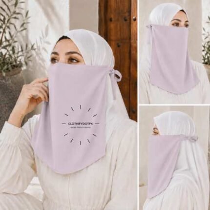 Woman wearing easy wear tie back half niqab in breathable soft double layered chiffon, front coverage side view adjustable closure. BY CLOTHIFYDOTPK