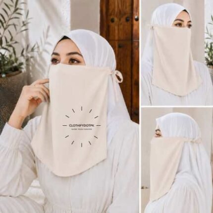 Woman wearing easy wear tie back half niqab in breathable soft double layered chiffon, front coverage side view adjustable closure. BY CLOTHIFYDOTPK