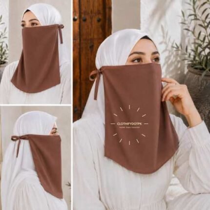 Woman wearing easy wear tie back half niqab in breathable soft double layered chiffon, front coverage side view adjustable closure. BY CLOTHIFYDOTPK