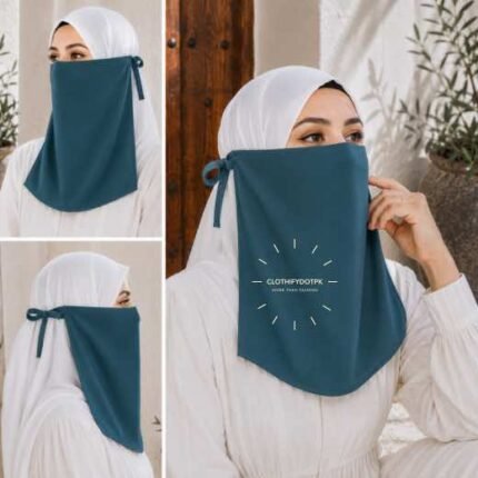 Woman wearing easy wear tie back half niqab in breathable soft double layered chiffon, front coverage side view adjustable closure. BY CLOTHIFYDOTPK