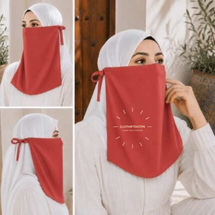 Woman wearing easy wear tie back half niqab in breathable soft double layered chiffon, front coverage side view adjustable closure. BY CLOTHIFYDOTPK