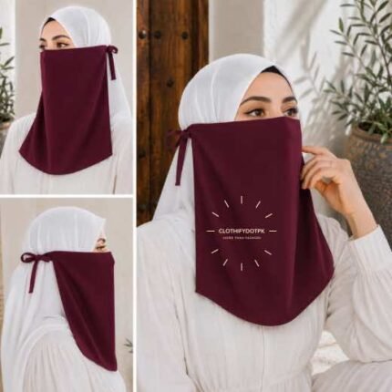 Woman wearing easy wear tie back half niqab in breathable soft double layered chiffon, front coverage side view adjustable closure. BY CLOTHIFYDOTPK