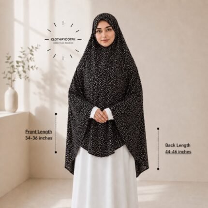 Woman wearing a soft swiss lawn Namaz chadar without sleeves also known as Makhna Hijab, Namaz Makhna or Namaz Scarf designed for head, neck, shoulder and hands coverage. BY CLOTHIFYDOTPK