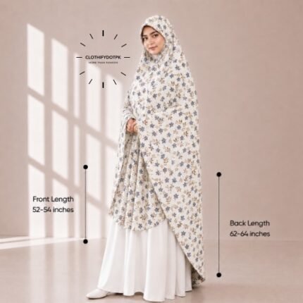Woman wearing a soft swiss lawn Namaz chadar without sleeves with front coverage reaching the knees and back extending below the knees. BY CLOTHIFYDOTPK