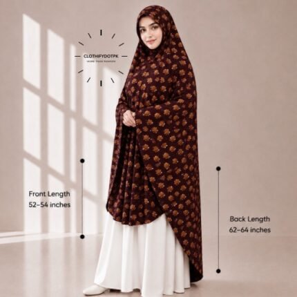 Woman wearing a soft swiss lawn Namaz chadar without sleeves also known as Makhna Hijab, Namaz Makhna or Namaz Scarf with front coverage reaching the knees and back extending below the knees. BY CLOTHIFYDOTPK