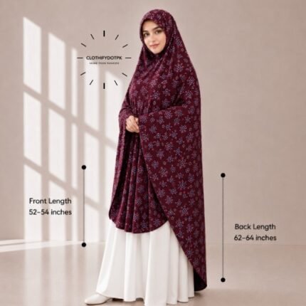 Woman wearing a soft swiss lawn Namaz chadar without sleeves with front coverage reaching the knees and back extending below the knees. BY CLOTHIFYDOTPK