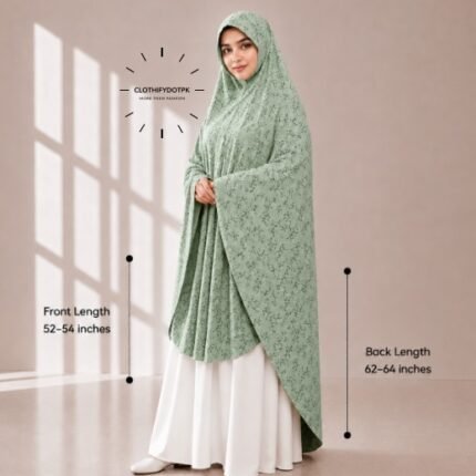 Woman wearing a soft swiss lawn Namaz chadar without sleeves also known as Makhna Hijab, Namaz Makhna or Namaz Scarf with front coverage reaching the knees and back extending below the knees. BY CLOTHIFYDOTPK