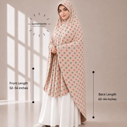 Woman wearing a soft swiss lawn Namaz chadar without sleeves with front coverage reaching the knees and back extending below the knees. BY CLOTHIFYDOTPK