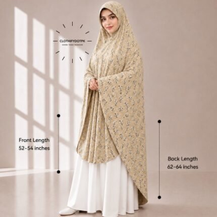 Woman wearing a soft swiss lawn Namaz chadar without sleeves with front coverage reaching the knees and back extending below the knees. BY CLOTHIFYDOTPK