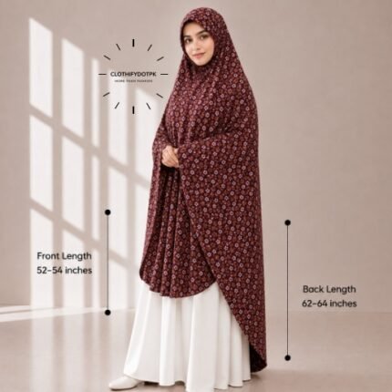 Woman wearing a soft swiss lawn Namaz chadar without sleeves with front coverage reaching the knees and back extending below the knees. BY CLOTHIFYDOTPK