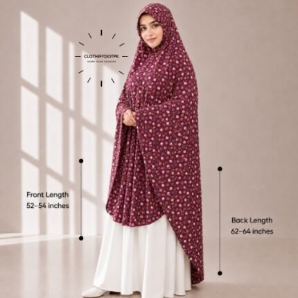 Woman wearing a soft swiss lawn Namaz chadar without sleeves with front coverage reaching the knees and back extending below the knees. BY CLOTHIFYDOTPK