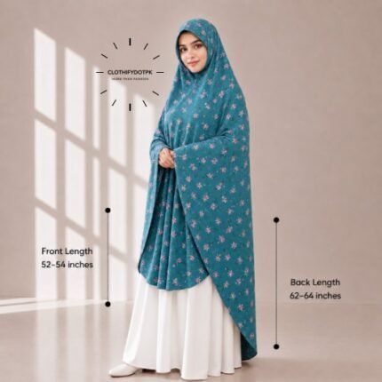 Woman wearing a soft swiss lawn Namaz chadar without sleeves also known as Makhna Hijab, Namaz Makhna or Namaz Scarf with front coverage reaching the knees and back extending below the knees. BY CLOTHIFYDOTPK