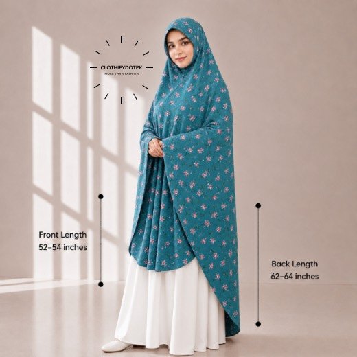 Woman wearing a soft swiss lawn Namaz chadar without sleeves also known as Makhna Hijab, Namaz Makhna or Namaz Scarf with front coverage reaching the knees and back extending below the knees. BY CLOTHIFYDOTPK