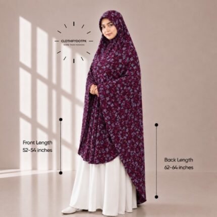 Woman wearing a soft swiss lawn Namaz chadar without sleeves with front coverage reaching the knees and back extending below the knees. BY CLOTHIFYDOTPK