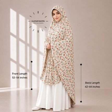 Woman wearing a soft swiss lawn Namaz Makhna without sleeves also known as Makhna Hijab or Namaz Scarf with front coverage reaching the knees and back extending below the knees. BY CLOTHIFYDOTPK