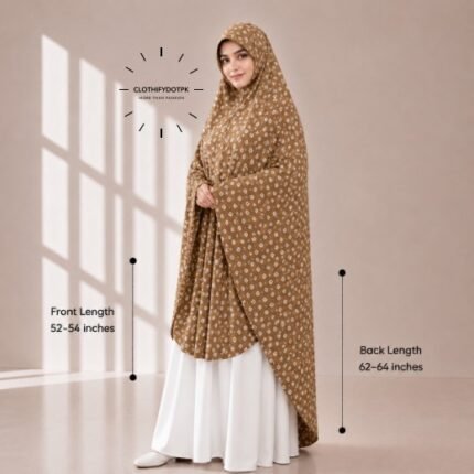 Woman wearing a soft swiss lawn Namaz chadar without sleeves with front coverage reaching the knees and back extending below the knees. BY CLOTHIFYDOTPK