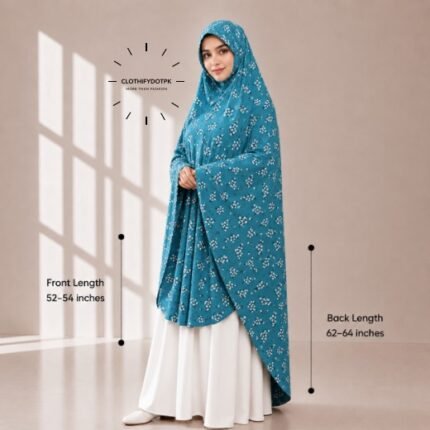 Woman wearing a soft swiss lawn Namaz chadar without sleeves also known as Makhna Hijab, Namaz Makhna or Namaz Scarf with front coverage reaching the knees and back extending below the knees. BY CLOTHIFYDOTPK