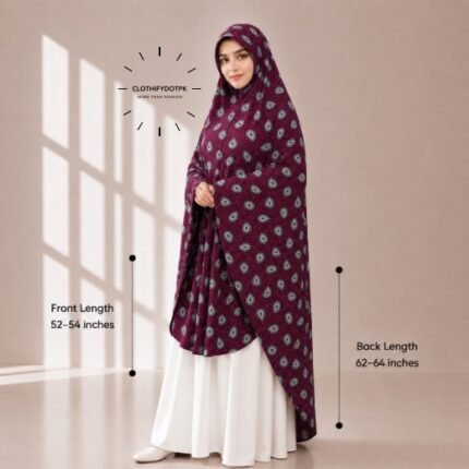 Woman wearing a soft swiss lawn Namaz Makhna without sleeves also known as Makhna Hijab or Namaz Scarf with front coverage reaching the knees and back extending below the knees. BY CLOTHIFYDOTPK