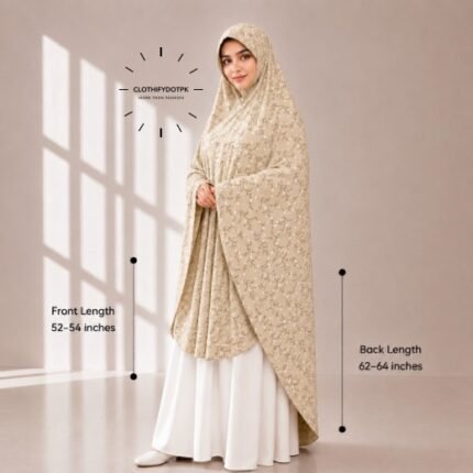 Woman wearing a soft swiss lawn Namaz chadar without sleeves also known as Makhna Hijab, Namaz Makhna or Namaz Scarf with front coverage reaching the knees and back extending below the knees. BY CLOTHIFYDOTPK