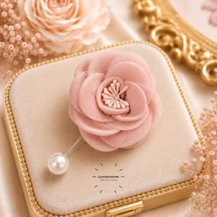 Hand-stitched flower shape brooch with layered petals and a pearl pin clasp.