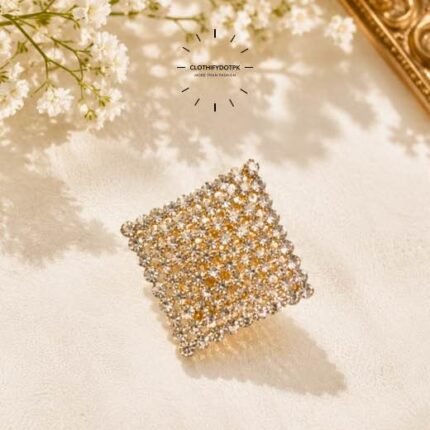 A close-up of a modern, sophisticated brooch featuring a brilliant arrangement of clear rhinestones that catch the light. By Clothifydotpk