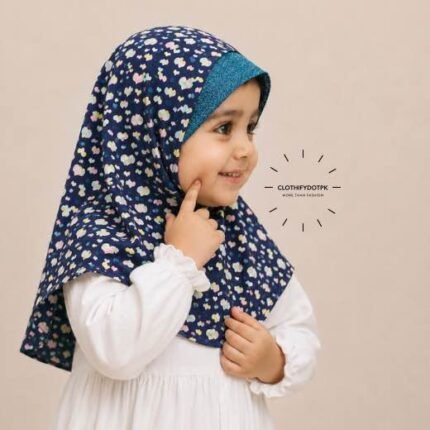 Close-up of a soft, lightweight Fancy Makhna scarf hijab designed specifically for kids during Namaz, featuring secure coverage, with reinforced stitching around the edges for secure, non-slip coverage.