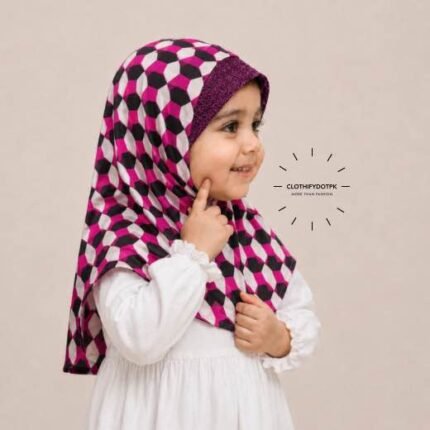 Close-up of a soft, lightweight Fancy Makhna scarf hijab designed specifically for kids during Namaz, featuring secure coverage, with reinforced stitching around the edges for secure, non-slip coverage.