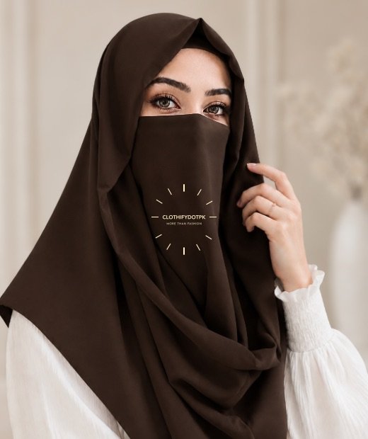 Misri Hijab 0891 - 74 A woman wearing an elegant Misri style hijab set draped over the head and shoulders with attached Niqab for casual and formal occasions. BY CLOTHIFYDOTPK
