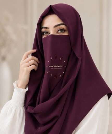 A woman wearing an elegant Misri style hijab set draped over the head and shoulders with attached Niqab for casual and formal occasions. BY CLOTHIFYDOTPK