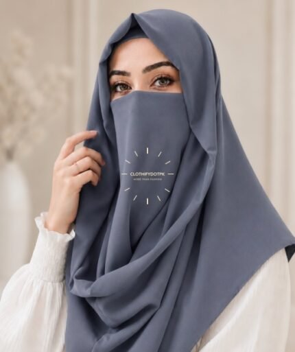 A woman wearing an elegant Misri style hijab set draped over the head and shoulders with attached Niqab for casual and formal occasions. BY CLOTHIFYDOTPK