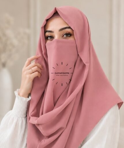 A woman wearing an elegant Misri style hijab set draped over the head and shoulders with attached Niqab for casual and formal occasions. BY CLOTHIFYDOTPK