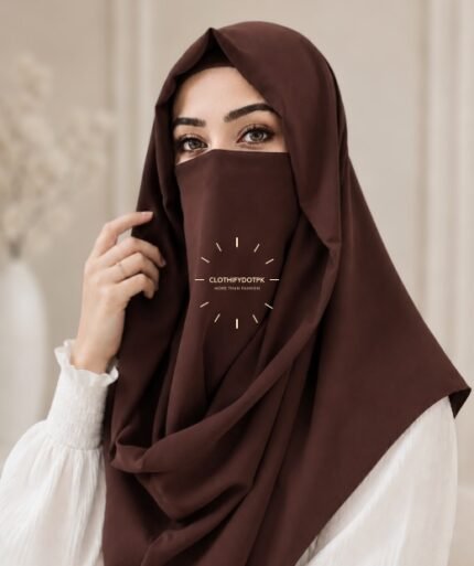 A woman wearing an elegant Misri style hijab set draped over the head and shoulders with attached Niqab for casual and formal occasions. BY CLOTHIFYDOTPK