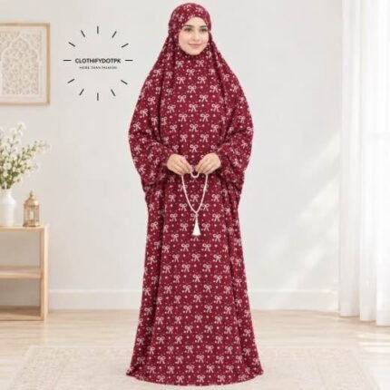 Woman standing wearing printed arabic namaz chadar holding prayer beads full coverage and comfort without compromising style. BY CLOTHIFYDOTPK