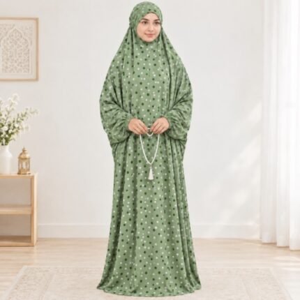 Woman standing wearing printed arabic namaz chadar holding prayer beads full coverage and comfort without compromising style. BY CLOTHIFYDOTPK