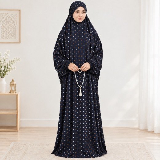 Arabic Namaz chadar - 19 Woman standing wearing printed arabic namaz chadar holding prayer beads full coverage and comfort without compromising style. BY CLOTHIFYDOTPK