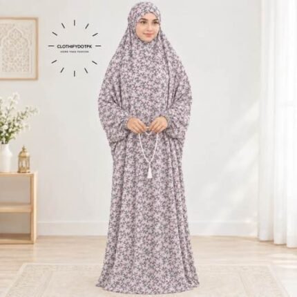 Woman standing wearing printed arabic namaz chadar holding prayer beads full coverage and comfort without compromising style. BY CLOTHIFYDOTPK