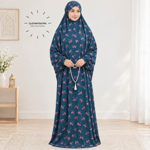 Arabic Namaz chadar - 25 Woman standing wearing printed arabic namaz chadar holding prayer beads full coverage and comfort without compromising style. BY CLOTHIFYDOTPK